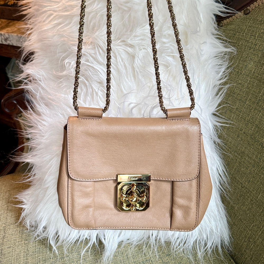 Authentic CHLOÉ Elsie Leather Crossbody Shoulder Bag Gold Chain Strap